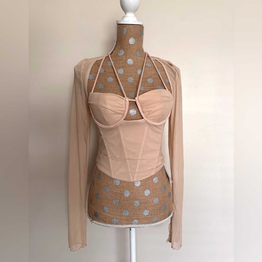 PARTHEA Tie Back Split Cuff Ruched Mesh Corset Top Khaki